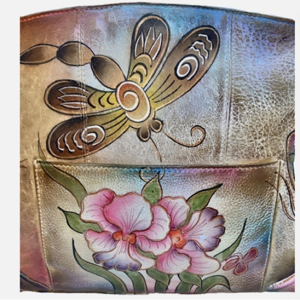 VTG Anuschka Hand Paint Flower Butterflies Leather Double Strap HandBag Satchel - Picture 10 of 12